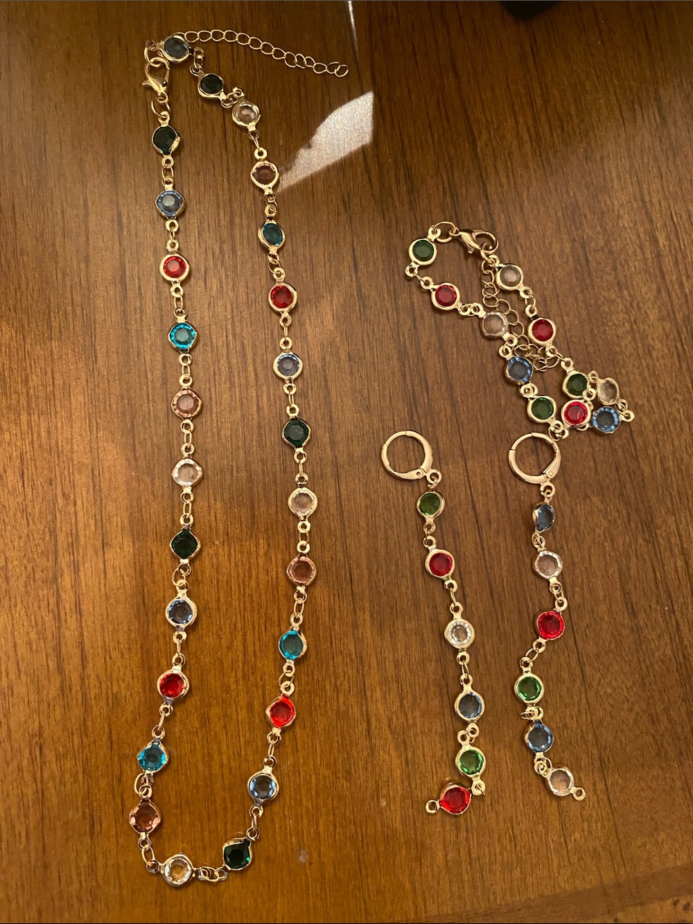 Gold Multicolor Crystal Necklace, Bracelet & Earring Set
